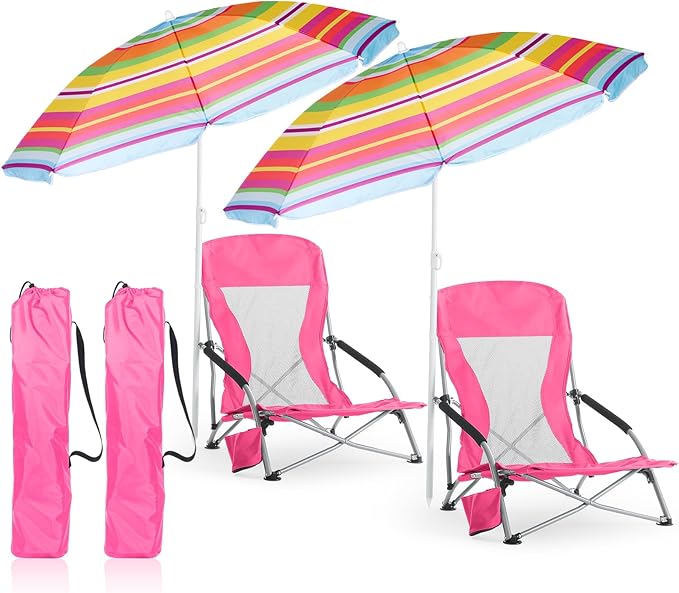 Huwena 2 Pack Beach Chair for Adult with 2 Umbrella Low Folding Chair Detachable Adjustable Lightweight with Armrests Cup Holder Carry Bag Portable for Sand Camping Travel Outdoor Pool(Rose Red)