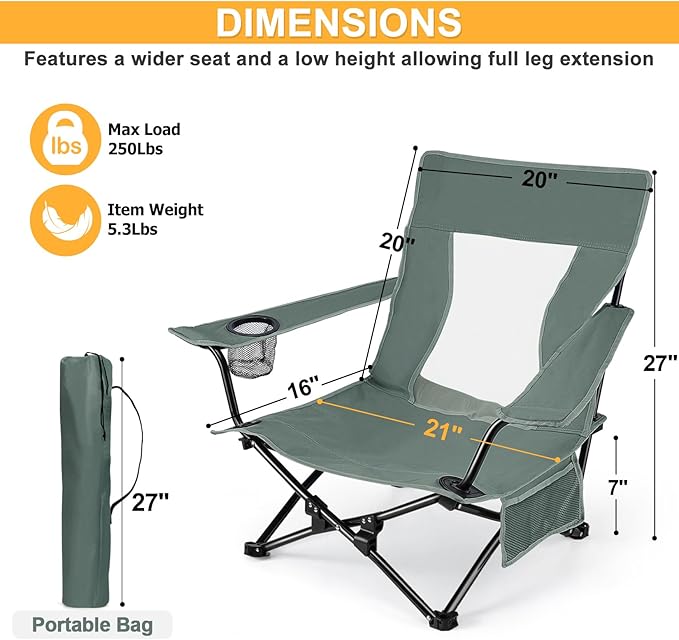 Joyfair Beach Camping Chair (2 Pack) Outdoor Folding Lawn Chair for Adults Heavy Duty Portable Chair with Armrest for Outside Fishing Sport Patio Cup Holder &amp Storage Pocket Carry Bag (Grey)