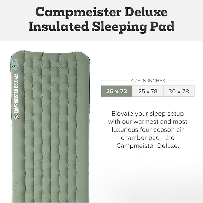 Big Agnes Campmeister Deluxe - Insulated Sleeping Pad Ultralight Inflatable Mat For Camping All Season Compact Backpacking And Hiking 25x72 Wide Regular