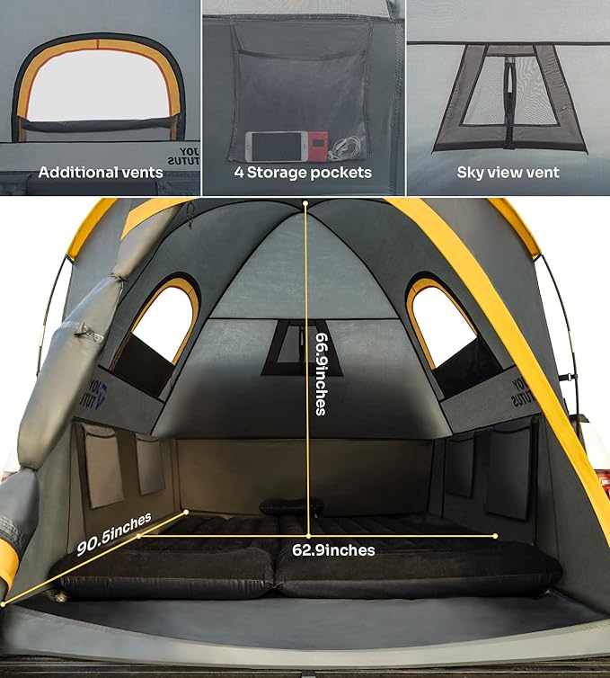 JOYTUTUS Truck Bed Tent with Rainfly Portable Pickup Truck Tent 5.5ft-5.8ft Fiberglass Pole Waterproof PU2000mm Fabric for 2 Person Easy Set-up Orange