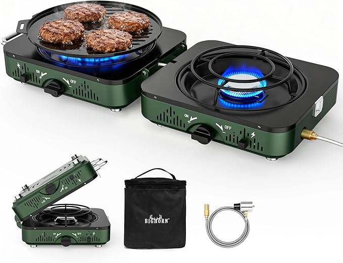 BIG HORN OUTDOORS 2 Burner Propane Camping Stove Portable Camp Stove Folding Gas Stove Includes Frying Pan &amp Carry Bag for Camping Emergency Use and Outdoor Cooking