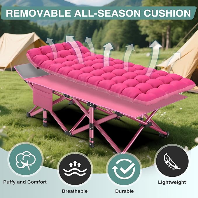ZENPETIO Oversized XXL Folding Camping Cot Heavy Duty Sleeping Cot for Adults with Mattress and Pillow Portable Cot Bed with Carry Bag for Outdoor Camp Travel Home Guest Office Pink