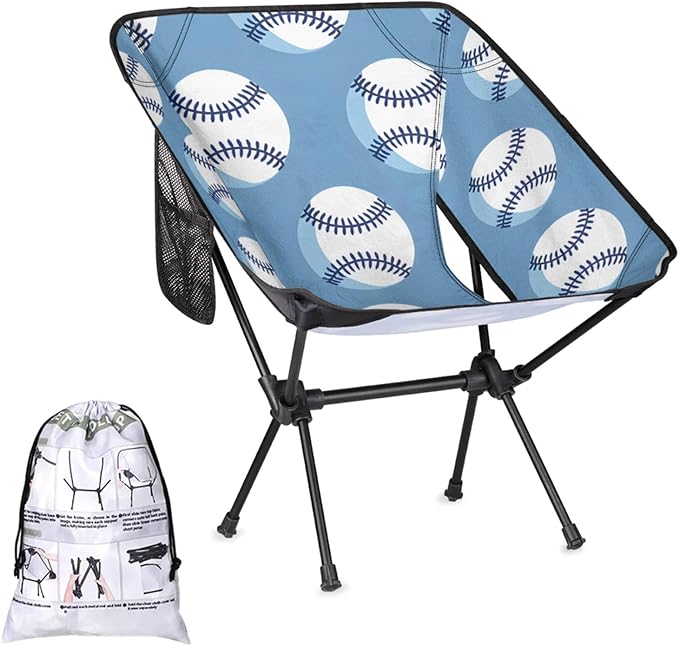 Honeybaby Folding Camping Chair Baseballs Print Camping Chairs Lightweight Portable Chair Outdoor Foldable Chairs for Camping Travel Picnic Beach Hiking