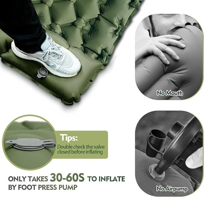 Camping Sleeping Pad Ultralight Camping Mat with Pillow Built-in Foot Pump Inflatable Sleeping Pads Compact for Camping Backpacking Hiking Traveling Tent (Green Single)