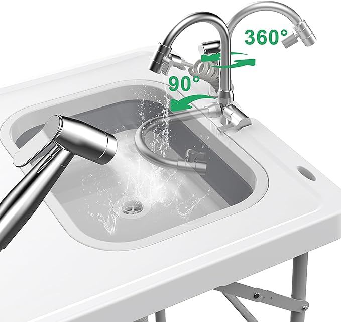 Allpop Fold-in-Half Fish Cleaning Table with Sink &amp Carrying Bag 50'' Portable Folding Camping Fish Station with Drainage Hose Faucet Sprayer Storage Box &amp Grooves for Picnic White