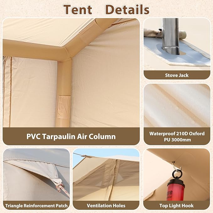 Inflatable Camping Tent with Hand Pump Waterproof Outdoor Blow up Tent 2-8 Person Oxford 4 Season Glamping Air Tent Cabin House with Mesh Windows &amp Door