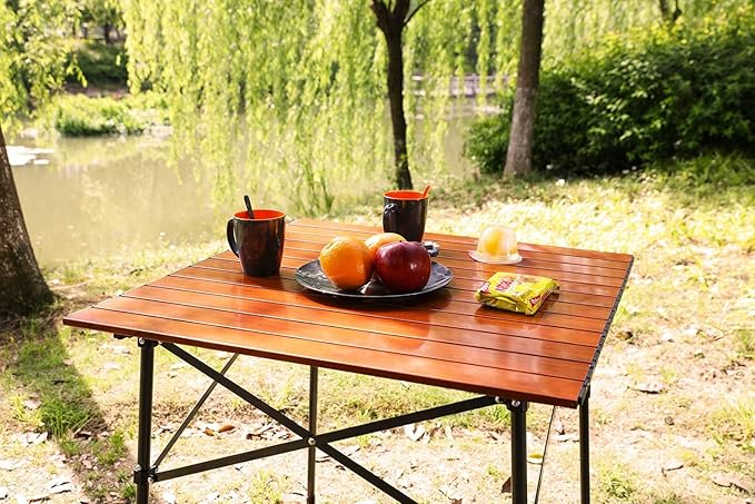 Portal Lightweight Aluminum Folding Square Table Roll Up Top 4 People Compact Table with Carry Bag for Camping Picnic Backyards BBQ Brown