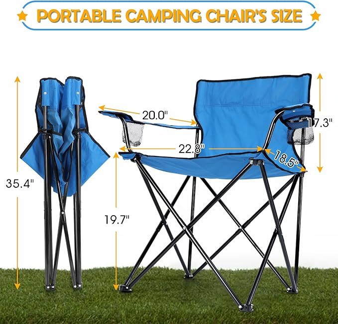 HaSteeL Folding Camping Chair Set of 3 Foldable Blue Camp Chairs &amp Grey Table Large Lawn Chair Portable for Adults Hiking Fishing Picnic Outdoor BBQ Travel Sports Cup Holders &amp Storage