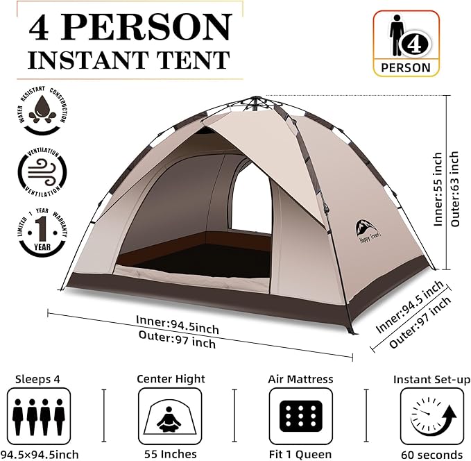 Happy Travel 1/2/3/4 Person Camping Tent Instant Easy Pop Up Tents for CampingAutomatic Waterproof Family Camping Tent Easy Set Up TentPortable Windproof Dome Tent for Camping Hiking &amp Traveli