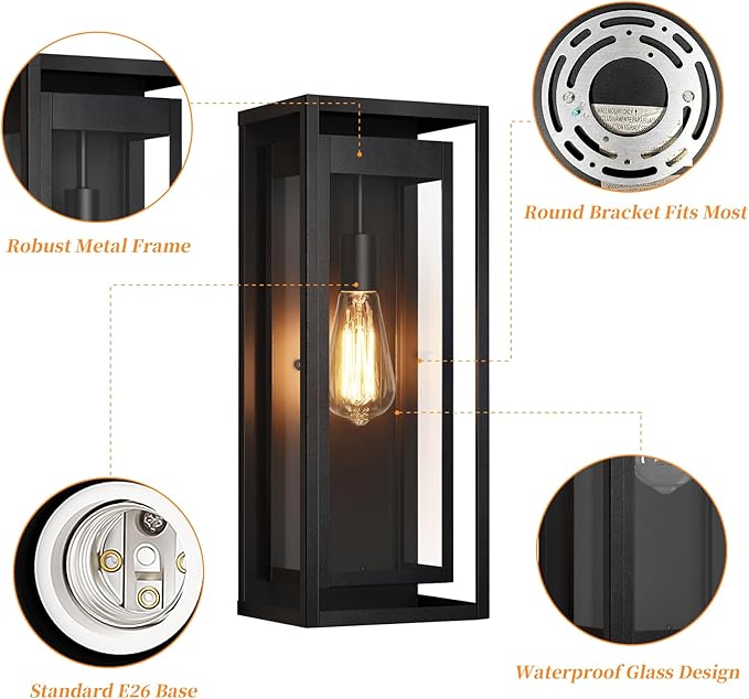 19 Outdoor Wall Lights 2 Pack Large Size Matte Black Outdoor Sconce Lights with Clear Glass Shade Waterproof Porch Lighting Exterior Light Fixture for Front Door Garage
