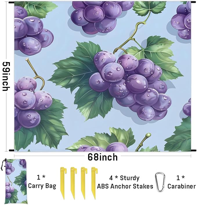Waterproof Sandproof Beach Blanket 59''×68'' Fruits Grapes Polyester Outdoor Picnic Blanket with 4 Stakes &amp Storage Bag for BeachCampingVacation Purple