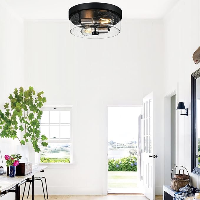 Flush Mount Ceiling Light Fixtures 2-Light Black and Silver Ceiling Mount for Farmhouse with Seeded Glass Lampshade Industrial Flush Mount Light Fixture for Hallway Kitchen Entryway and Foyer