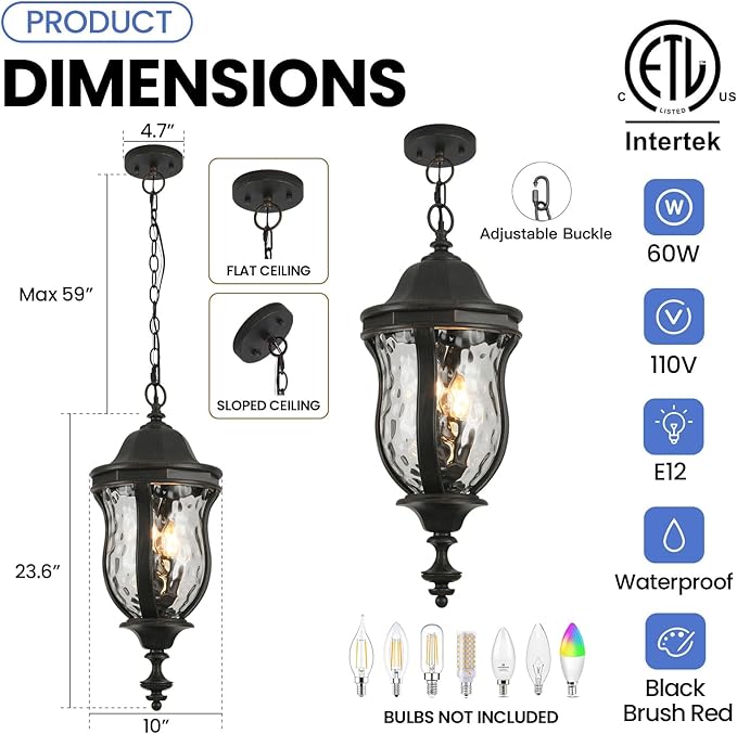 Large Outdoor Pendant Light Fixtures 23.6'' Exterior Hanging Lantern Porch Light Adjustable Black Brush Red Hanging Lamp Farmhouse Exterior Chandelier Ceiling Mount for Entrance Patio