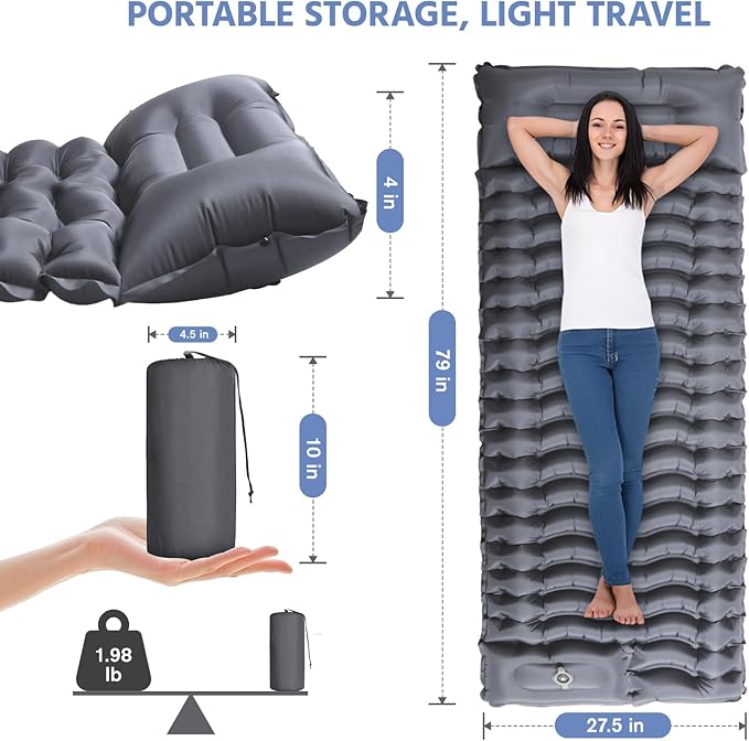 Sleeping Pad for Camping -Ultralight Inflatable Sleeping Mat with Pillow Built-in Foot Pump Compact &amp Lightweight Camping Mattress Pad for Camp Backpacking Hiking Travel Tent (Grey)