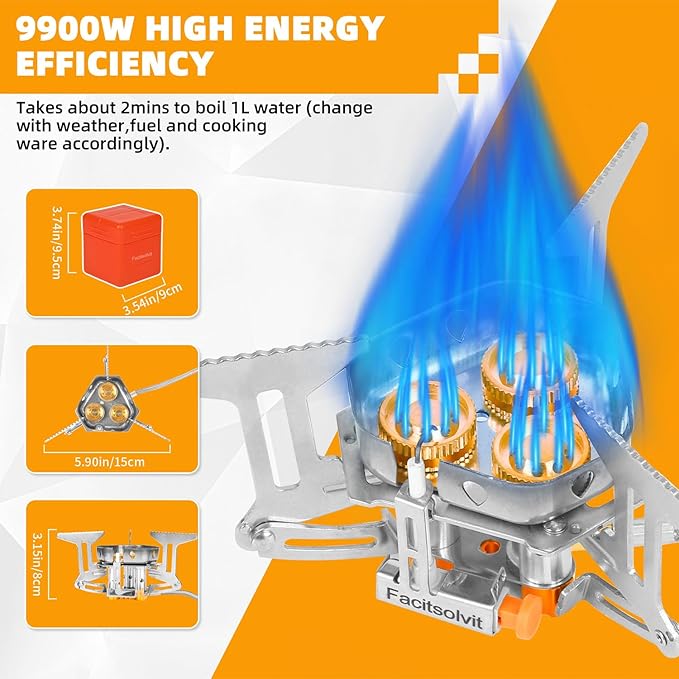 9900W Windproof Camping Gas Stove Portable Camping Stove with Piezo Ignition 1LB Propane Tank Adapter Butane Adapter for Outdoor Cooking Picnic Camping and Hiking