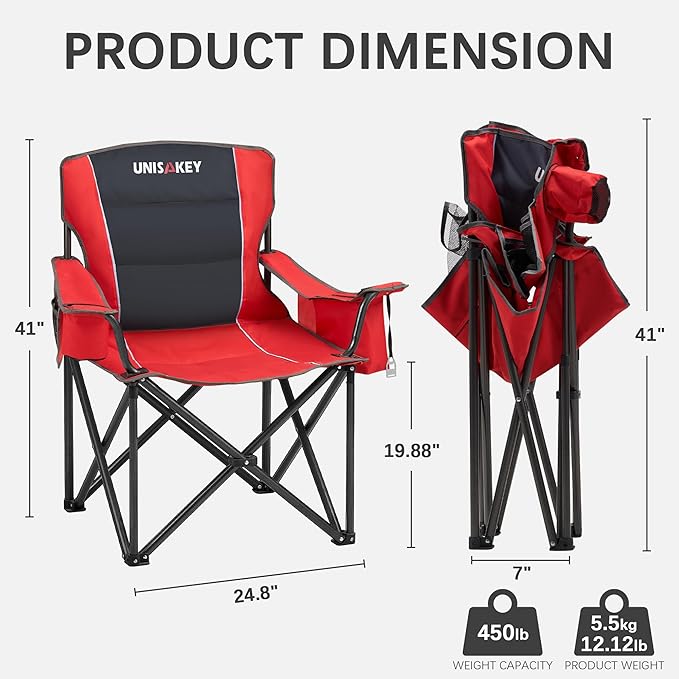 Oversized Folding Camping Chair for Adults - 450lbs Support - Heavy Duty Portable Lawn Chairs with Side Pocket Cup Holder Cooler Bag for Sports Garden Beach Fishing Red 2 Pack