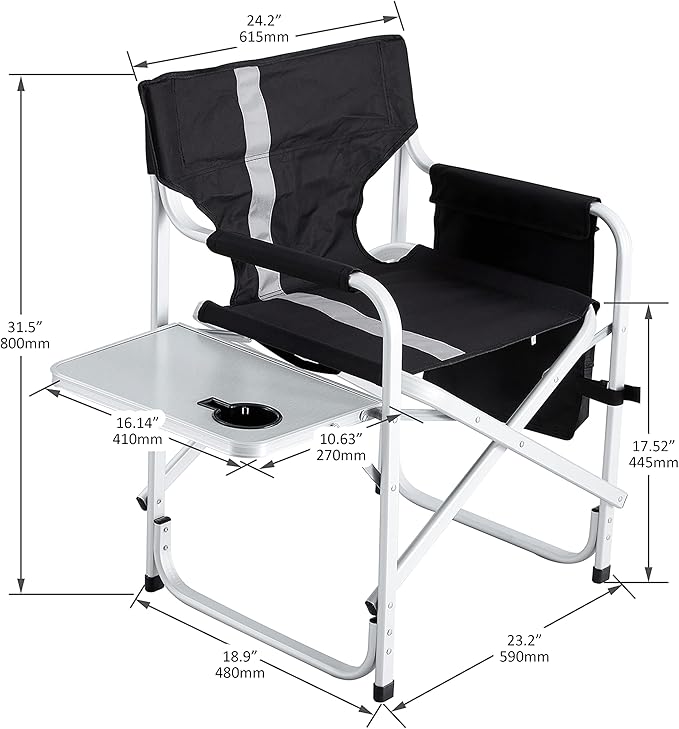 1 Pcs Padded Folding Outdoor Chair with Side Table and Storage PocketsLightweight Oversized Directors Chair for Indoor Outdoor Camping Picnics and FishingBlackGrey