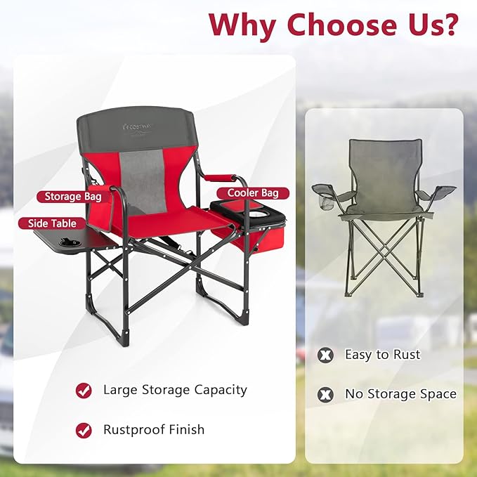 COSTWAY Folding Camping Chair Heavy-Duty Director Chair Supports 400lbs for Adults with Side Table Cooler Bag Storage Strap Portable Makeup Chair Suitable for Fishing Picnic