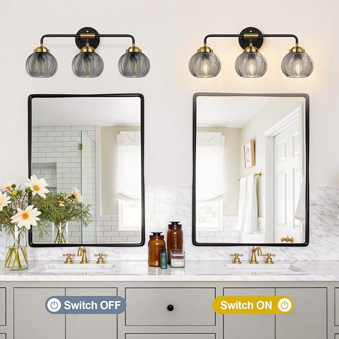 Bathroom Light Fixtures 3-Light Smokegray Vanity Lights with Unique Leaf Texture Glass Shade Modern Matte Black and Gold Bathroom Wall Lamp for Mirror Hallway Cabinet Living Room