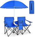Double Camping Chair with Canopy Folding Camp Chairs w/Cup Holder Cooler &amp Carry Bag Table Side Pocket 2 Person Portable Beach Chair with Umbrella for Picnic Fishing (Blue)