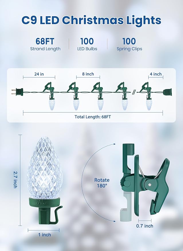 C9 LED Christmas Lights Outdoor 68 Feet 100 LED Strawberry String Lights with 100 Spring Clamps Waterproof Commercial Grade Extendable for Outside Roofline Patio Home Xmas Decoration Pure White
