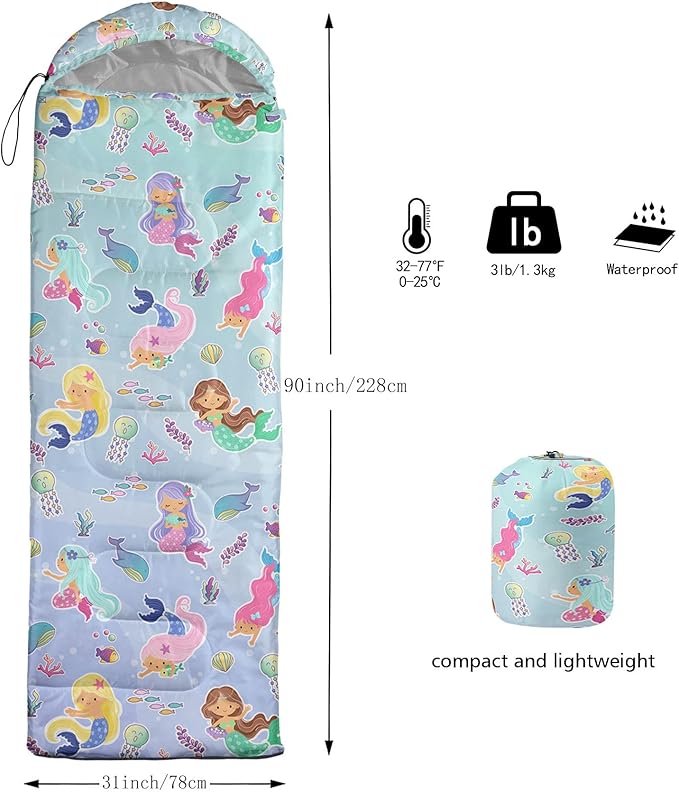 Kids Sleeping Bag for Boys GirlsWatercolor Mermaid Print-Lightweight Warm Portable Outdoor Indoor-Waterproof Cold Weather Resistant Sleeping Bag for Camping Hiking(Mermaid2)
