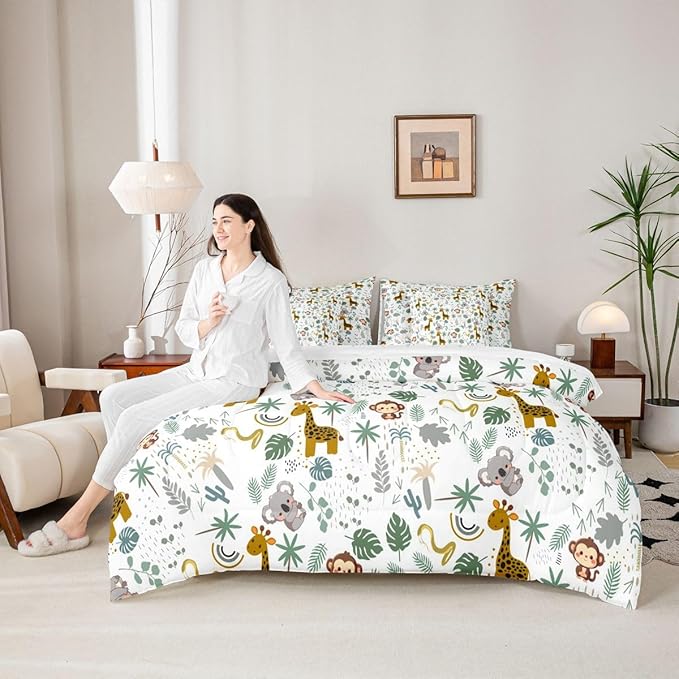 Cute Giraffe Monkey Comforter Set with SheetsPillowcases &amp Cushion Cover Zoo Animal 7 Piece Bedding Set for Kids Boys Girls Teens Room Decor Cartoon Animal Bed in a Bag Full Size Wildlife Microfi
