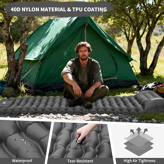 Camping Sleeping Pad Connectable Design for Double Mat Ultralight Inflatable Sleeping Mat with Pillow Built-in Foot Pump Portable Camping Air Mattress for Backpacking Hiking Tent (Grey)