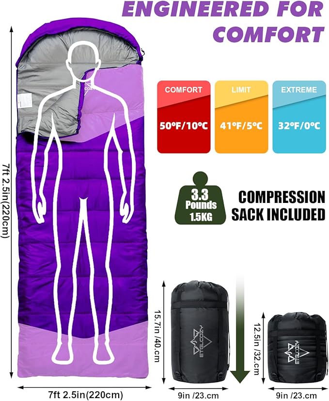 Lightweight 3-Season Sleeping Bag for Adults/Kids Camping Compact w/Compression Sack Waterproof Ripstop Portable for Backpacking Hiking Travel