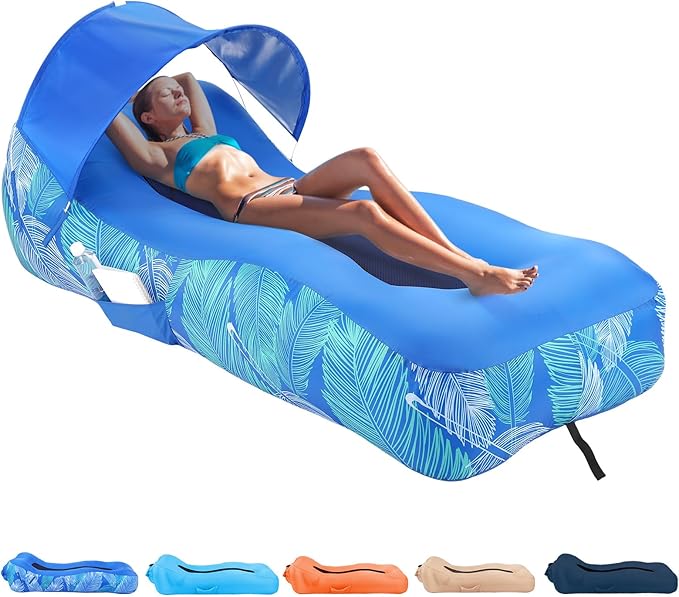 Inflatable Lounger Air Sofa with Unique Sun-Shade Design Inflatable Beach Bed with Pillow Waterproof Inflatable Couch Camping Chair Hammock for Hiking Backyard Travel Beach Park Picnics