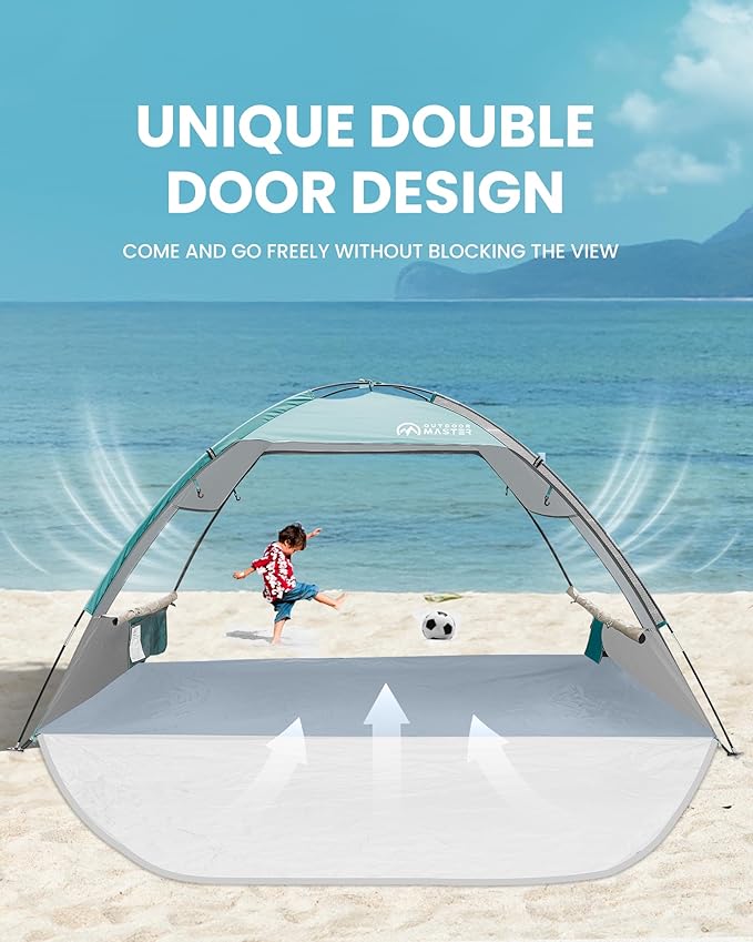 OutdoorMaster Beach Tent Sun Shelter with 2 Ventilated Doors UPF50+ Easy Setup Beach Tent Canopy for 3 Person Lightweight &amp Portable Family Beach Umbrellas for Sand with Carrying Bag-Cancun Seas