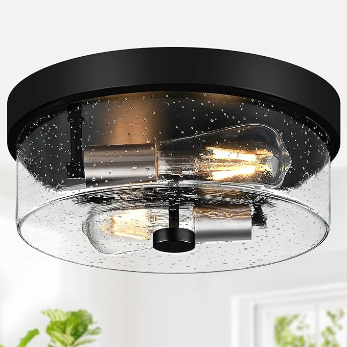 Flush Mount Ceiling Light Fixtures 2-Light Black and Silver Ceiling Mount for Farmhouse with Seeded Glass Lampshade Industrial Flush Mount Light Fixture for Hallway Kitchen Entryway and Foyer