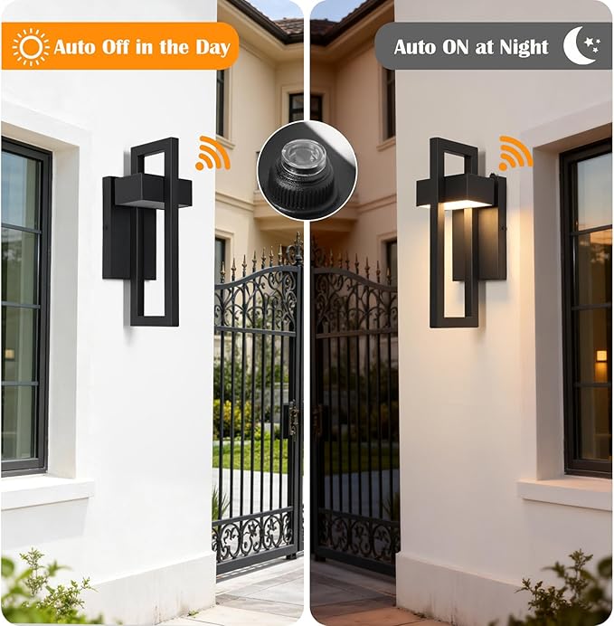 Large LED Modern Dusk to Dawn Outdoor Lighting Matte Black Porch Lights Outdoor Outside Lights for House Garage Porch Warm White 3000K 1 Pack