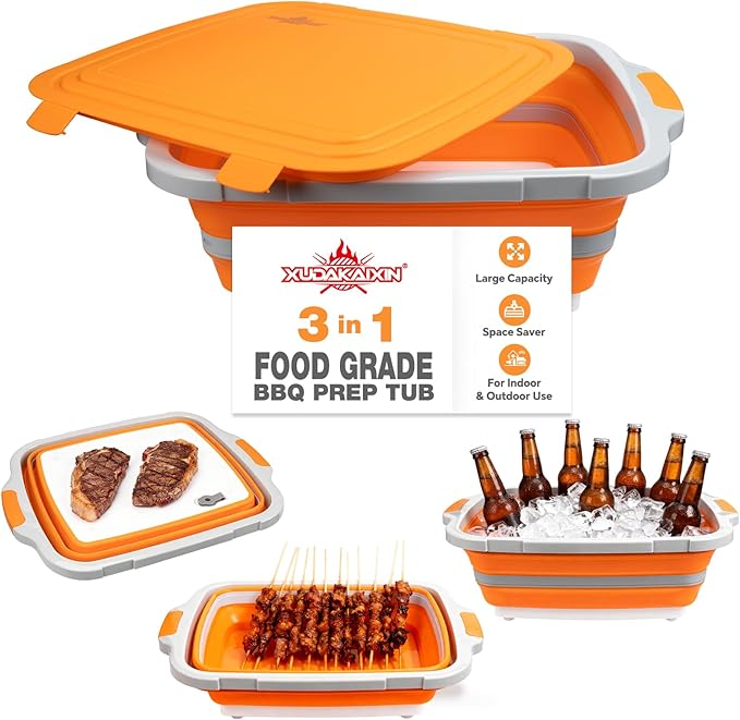 Collapsible BBQ Prep Tub for Meal Prep MarinatingFood Storage picnics camping barbecuescutting fruits and vegetables - Includes Cutting Board and Locking Lid(X-Large) Orange