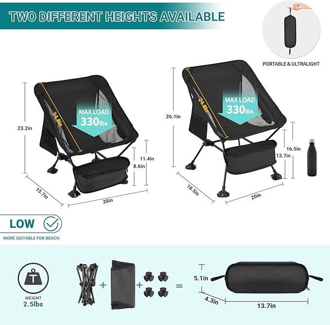 ATEPA Backpacking Chair Ultralight Folding Portable Small Camping Chairs for Adults Compact Foldable Beach Seat with Anti-Sinking Feet &amp Aluminum Frame for Outdoor Hiking Travel Fishing 2 Pack