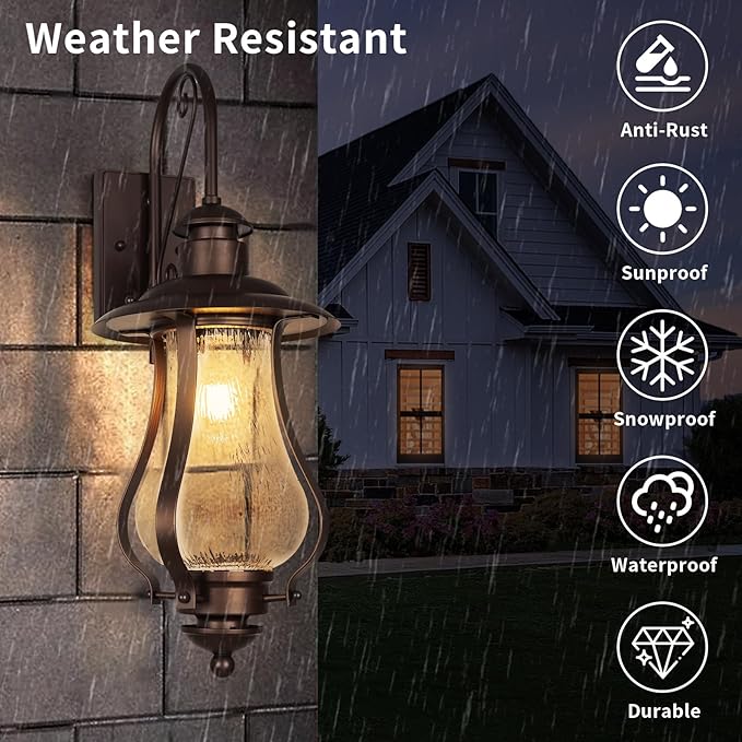 Treekee Outdoor Wall Light Fixture Vintage Wall Exterior Lantern with E26 Socket &amp Wood Grain Glass Matte Brown Rustic Wall Sconce Farmhouse Porch Lamp for Patio Garage Yard Front Door