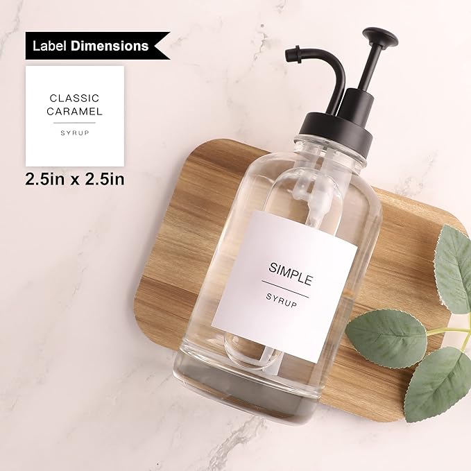Glass Syrup Pump Bottle Dispenser for Coffee Bar Accessories with 84 Labels (Set of 2) 16.9 oz Matte Black