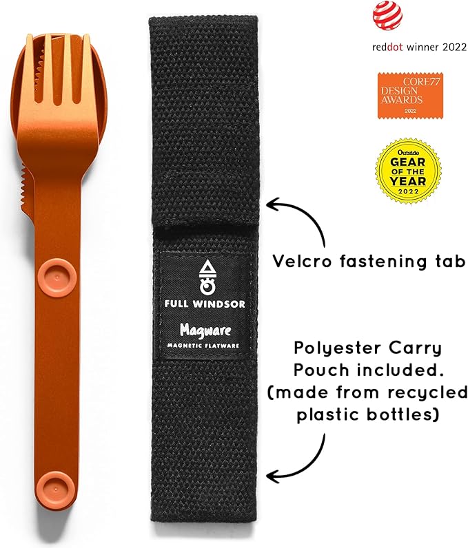 FULL WINDSOR - MAGWARE Magnetic Camping Cutlery Set - Travel Utensils for Camping Cooking and Outdoor Dining - Knife Fork &amp Spoon - Portable Silverware with Pouch for Backpacking - Orange (3 PC