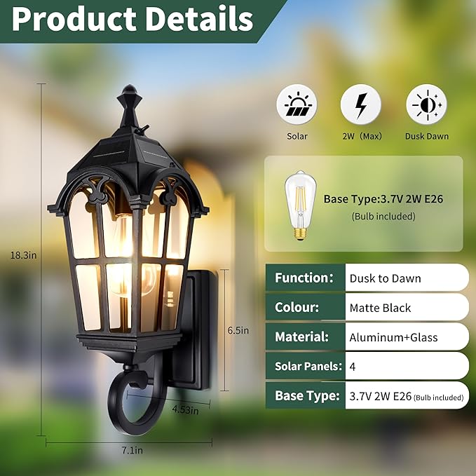 Outdoor Solar Wall Lights with Bulb Waterproof Solar Porch Lights Dusk to Dawn Exterior Light Anti-Rust Exterior Lighting Fixtures Outside Light for House Porch Garage Garden Balcony