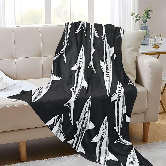 Soft Throw Blanket Shark Silhouette Black White Teen Throw Blanket 50'' x 70''