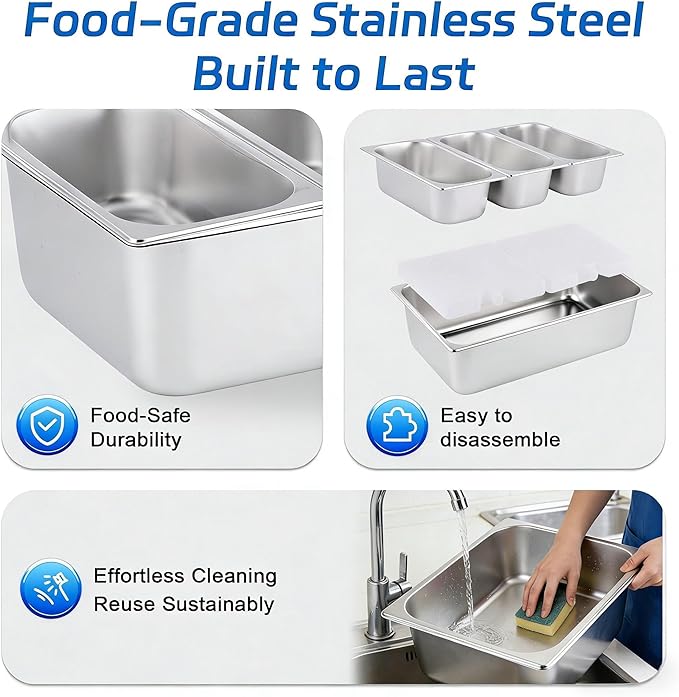 Cold Food Buffet Server 3 Pans×4QT with Ice Packs for Salad Pizza Sauce Colded Serving Trays Condiments Containers for Parties Buffet