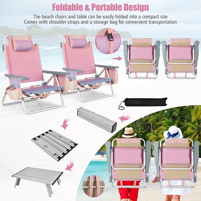 Tangkula Backpack Beach Chair with Table 5-Position Lay Flat Chairs with Cooler Bag 2 Cup Holders Towel Bar Lightweight Low Folding Chair with Backpack Straps Pink
