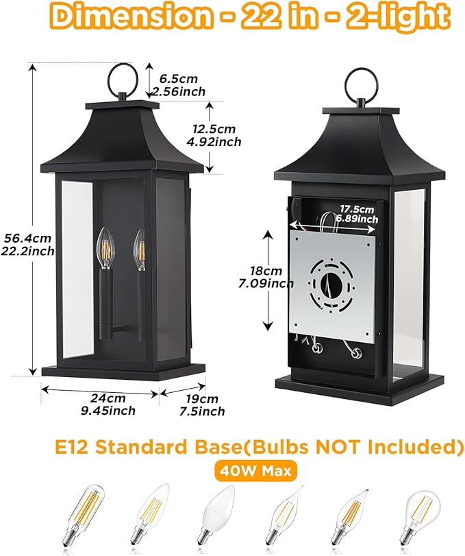 Large Outdoor Wall Lights Outdoor Lighting Exterior Lighting Fixtures Wall Mount Wall Sconce Light Outdoor Lanterns for Porch Black 22 2-Light 2-Pack