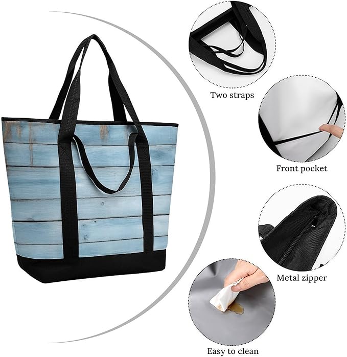 Insulated Shopping BagLarge Reusable Cooler Bags Blue Wood Printed Foldable Shopping BagTravel Waterproof Shoulder Bag