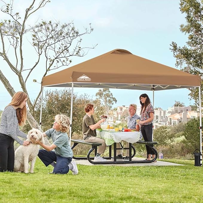 EAGLE PEAK Pop Up Canopy Tent with Wheeled Carry Bag 8 Stakes 4 Ropes 4 Weight Bags Easy Set Up Tent Canopy 10x10 ft 100sqft of Shade Khaki