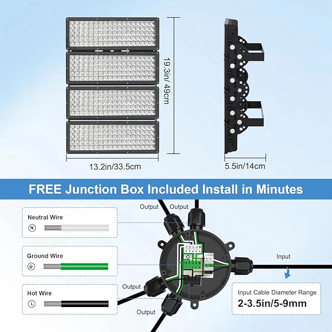 Kekeou 400W Stadium Lights Outdoor LED 56000LM Flood Lights Outdoor 6500K Arena Light Wider Lighting Angle Court Field Light IP67 Waterproof for Parking Lot Sports Court - Black