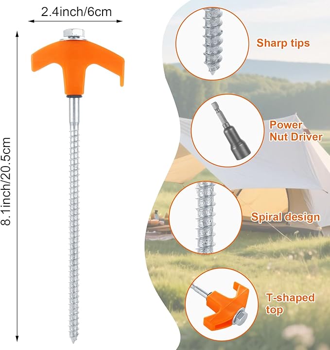 LANIAKEA 20PCS 8 Screw in Tent Stakes Heavy Duty Ground Anchors Screw in Metal Stakes with Hex Head Driver for Camping Grassland Portable Box (Orange)