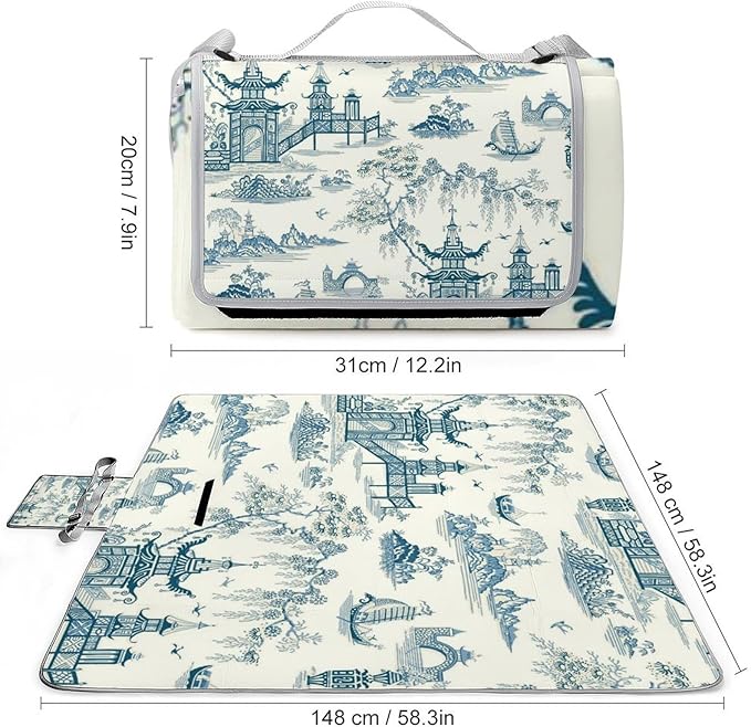 Blue and White Chinese Folk Chinoiserie Style Waterproof Outdoor Picnic Blanket Sandproof Beach Mat for Camping Hiking Grass Travelling