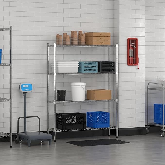 Commercial NSF Listed Chrome Stationary Wire Shelving Kit 12 x 48 x 64 with 4 Shelves Perfect for Warehouse Walk-in Refrigerator Freezer Grocery Store Restaurant Dishroom