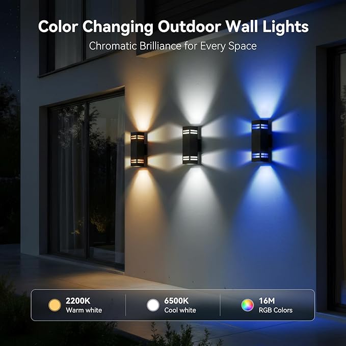 Smart Outdoor Wall Lights 2 Pack IP65 RGB Wall Lights Up Down Outdoor Lights Color Changing RGBCW APP Control Exterior Lighting Fixture Compatible with Alexa Google Assistant